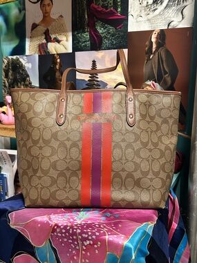 Coach Brown Signature Tote with Red and purple Stripes